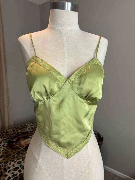 Lilyful Tops - Lilyful Lime Green Satin Lace-Trim Hanky Hem Tie-Back Crop Top